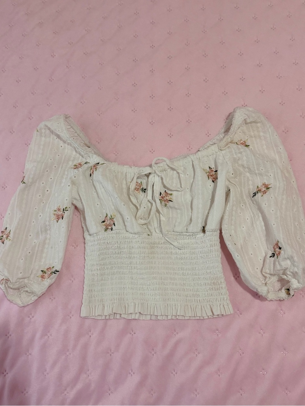 Cream Smocked Peasant Top with Pink Floral Embroidery
